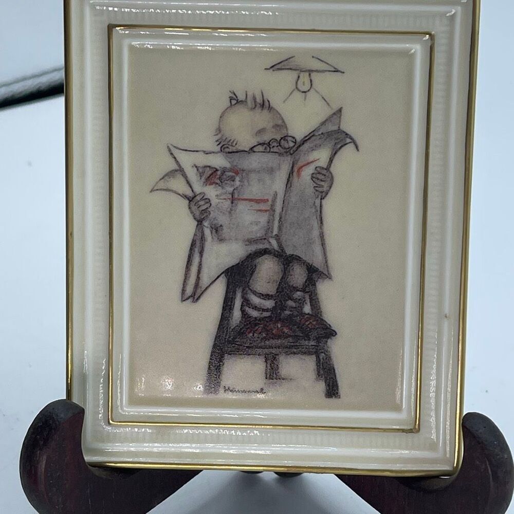 Goebel Hummel Gallery Collection miniature “ Latest News” plaque & stand.